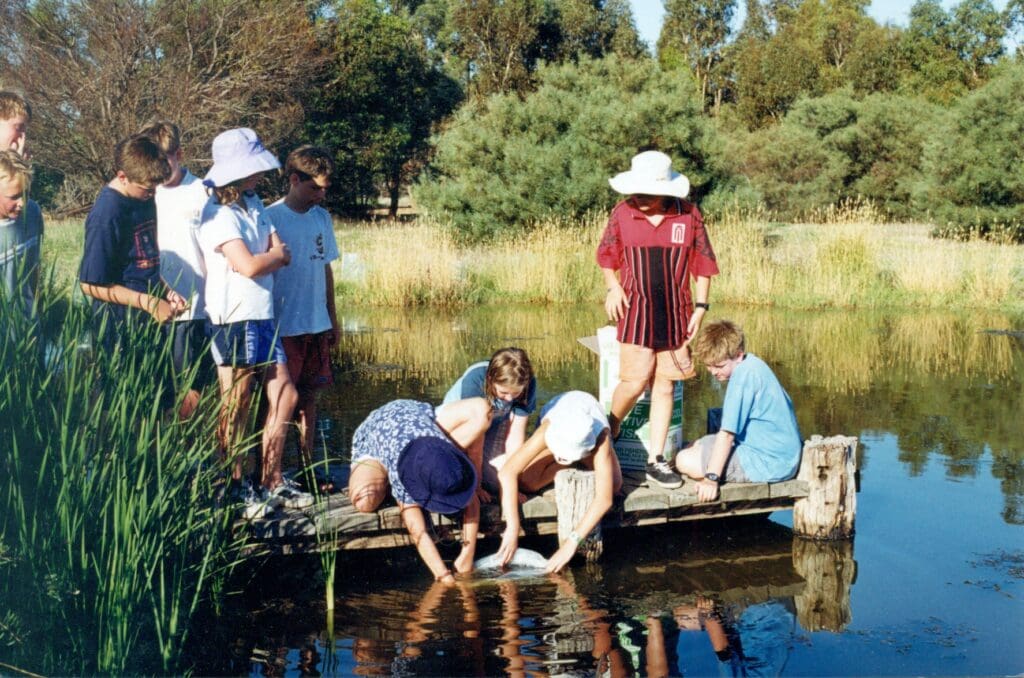 Students dabbling at Old Watulunga in 1995
