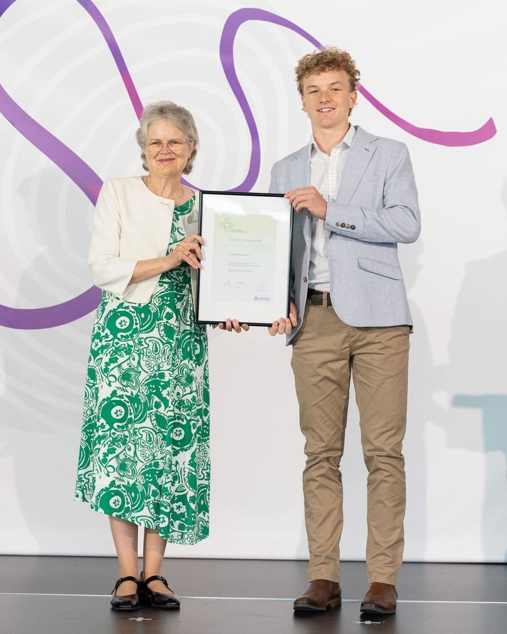 Max Davis (2025) receiving a Governor of South Australia Commendation - Excellence Award from Her Excellency the Honourable Frances Adamson AC at the SACE Merit Ceremony at Government House Jan 26