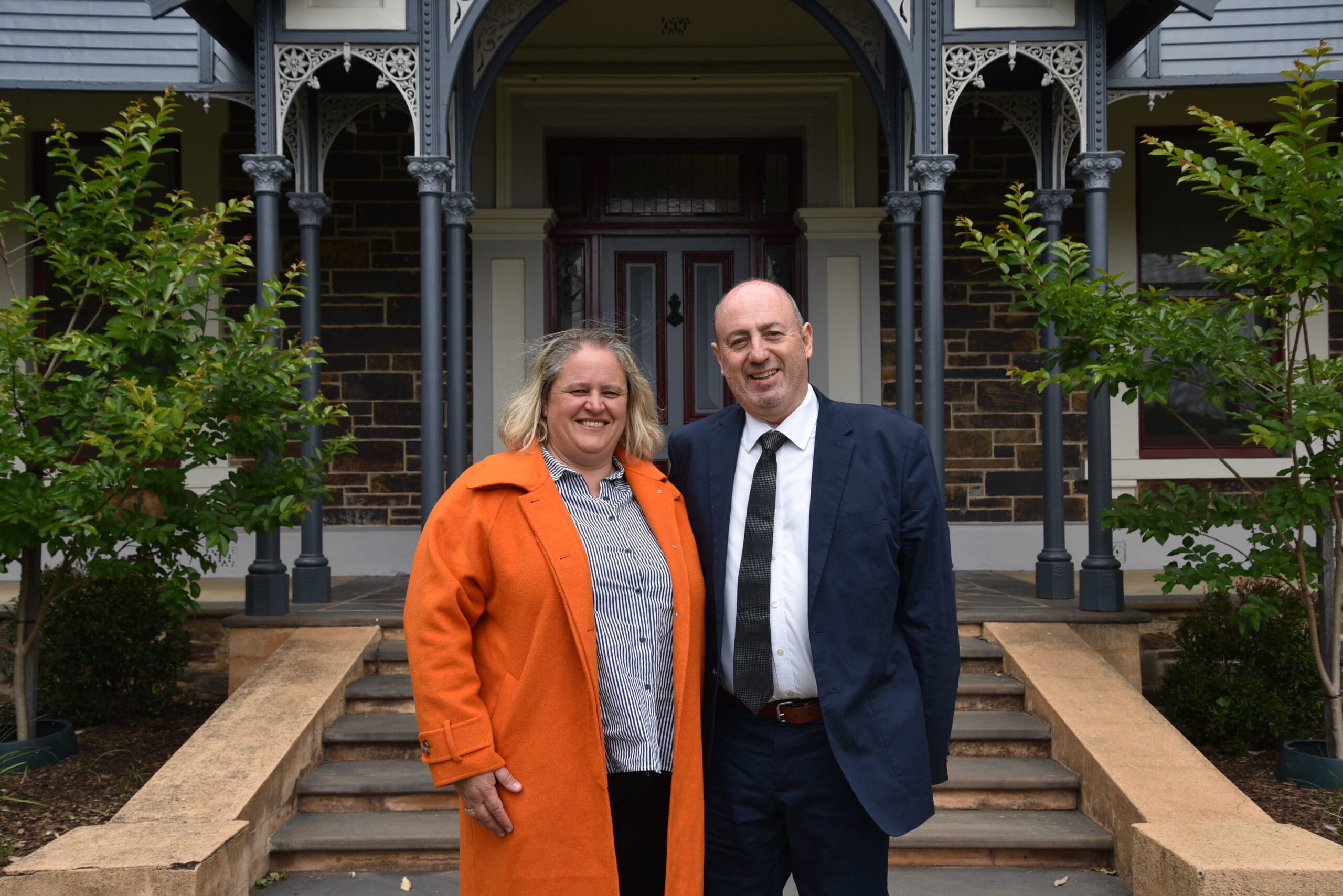 Principal Mark Staker and School Board Chair Melissa Mellen outside Bills House Oct 2023